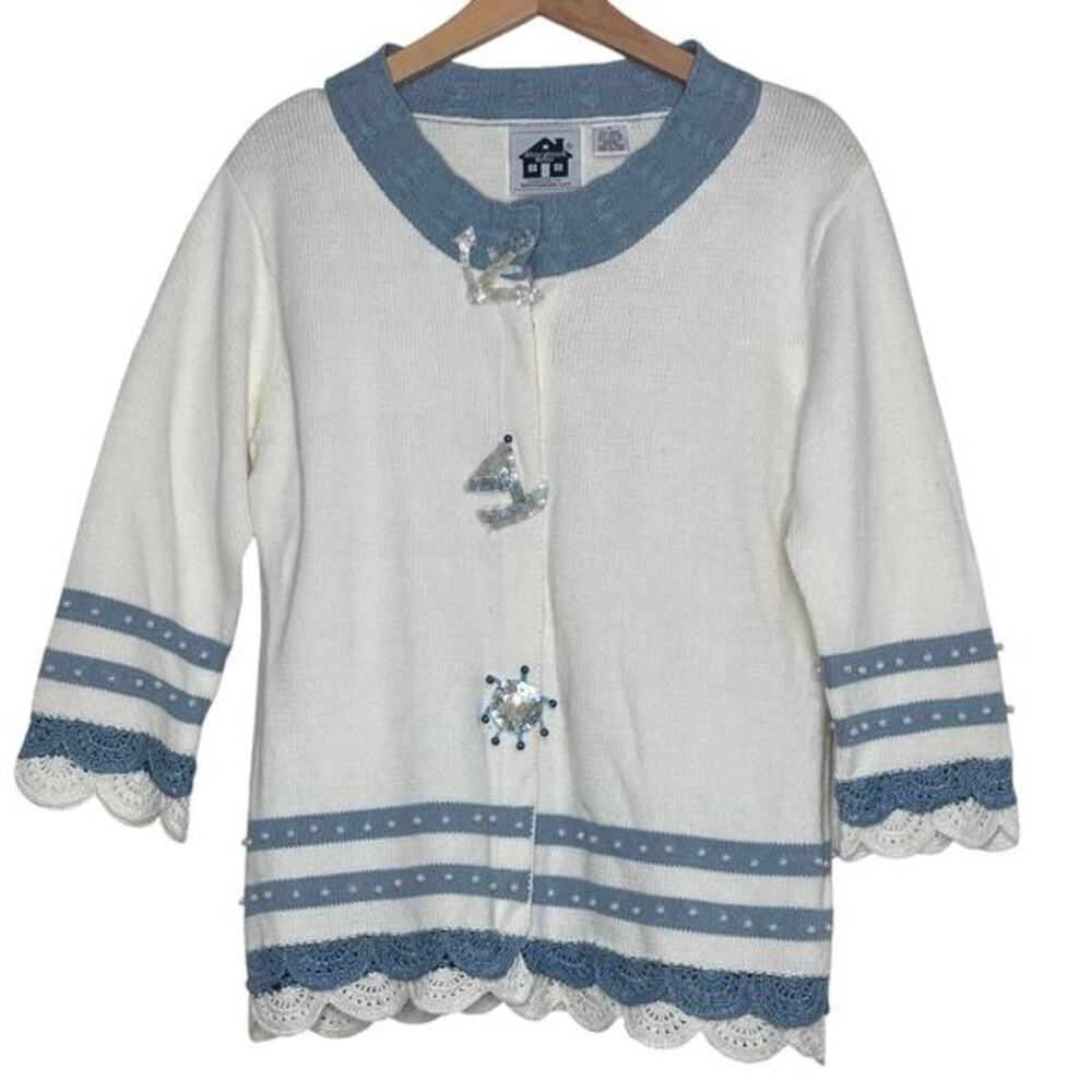 Storybook Knits Cardigan Sweater S White Blue Nautical Sequin Pearl Scalloped